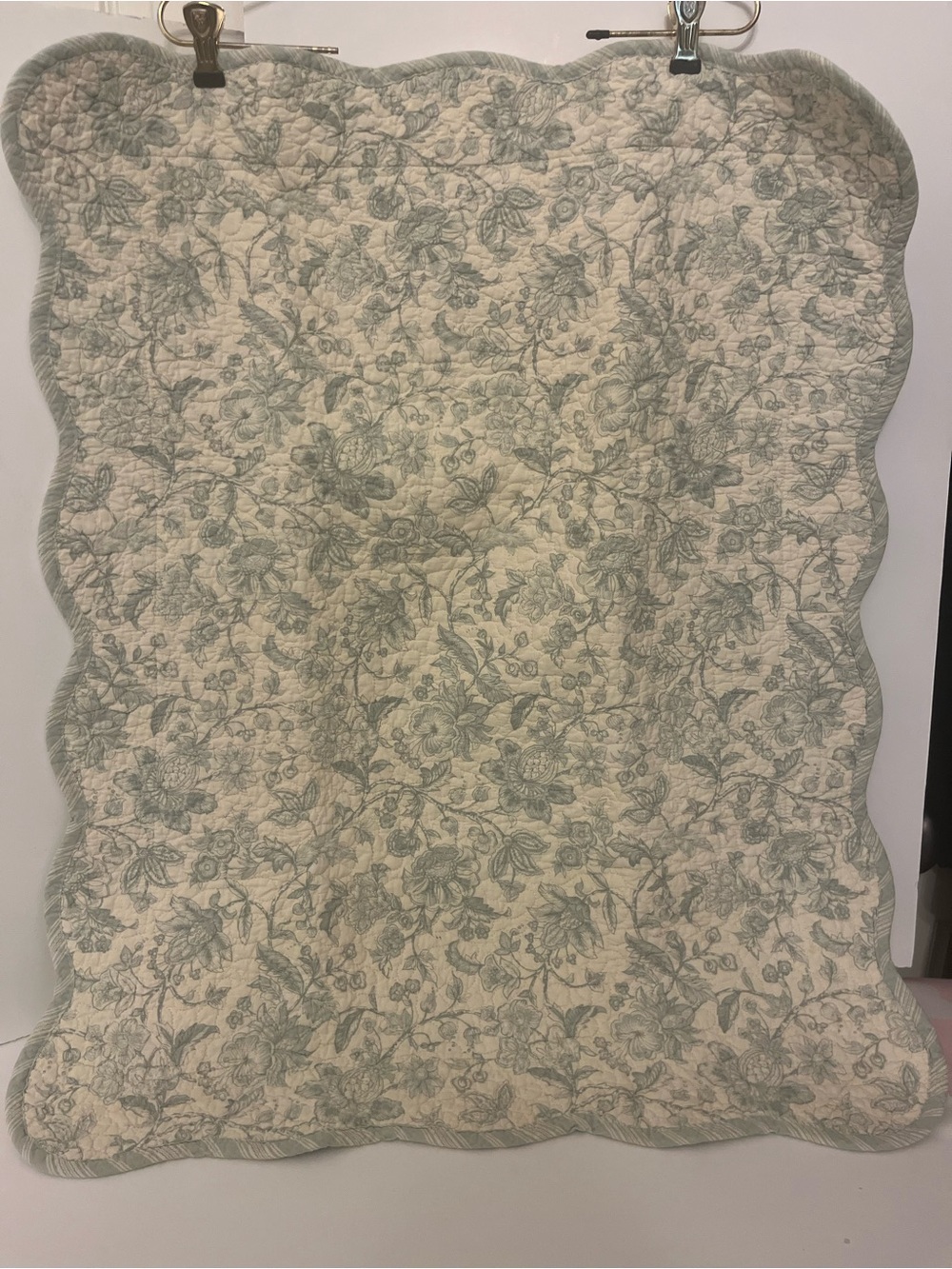 Quilted Pillow Sham, scalloped edge, Cream & Sage Green floral front stripe back